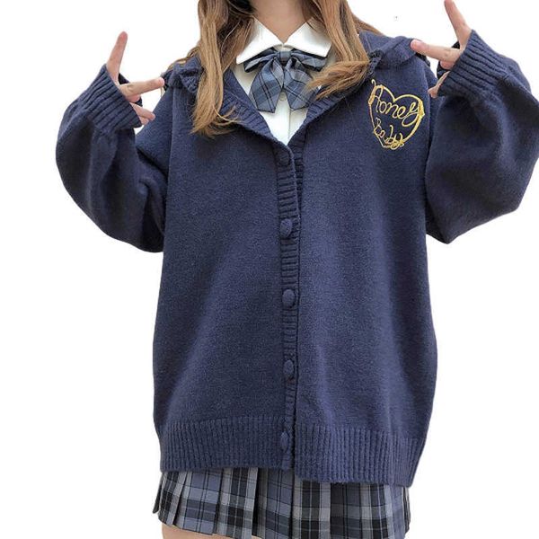 

women's sweaters cute cardigan women knitted heart embroidery wool kawaii open front hooded uniform coat cashmere oversize jumper, White;black