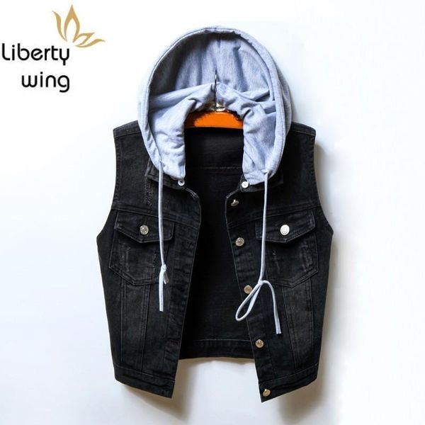 

women's vests denim vest women short hooded detachable slim sleeveless jacket high street single breasted fashion black waistcoat plus, Black;white