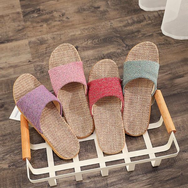 

slippers women flax sandals summer comfortable non-slip ladies home flip flop cross-tied casual indoor shoes multicolor#p2, Black