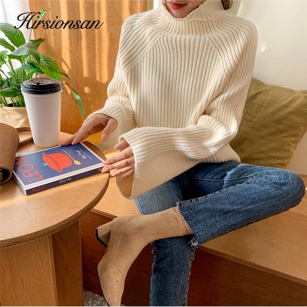 

hirsionsan thicken autumn winter sweaters women 2021 korean trumpet sleeve knitted pullovers soft warm solid cashmere female women's, White;black