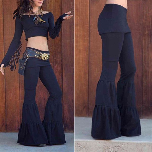 

vintage flare pants bell bottom womens leggings wide leg stretch high waist boho stylish loose long, Black