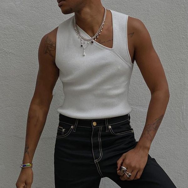 

men' tank 2021 summer casual knitted men hipster slash neck slim vest tee white solid sleeveless fashion streetwear, White;black