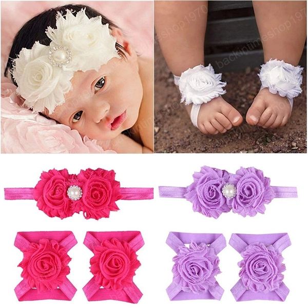 Moda Recém-nascido primeiro caminhantes infantil menino menino macio chiffon chiffon headbands com sneaker sandálias descalças conjuntos de crianças adereços