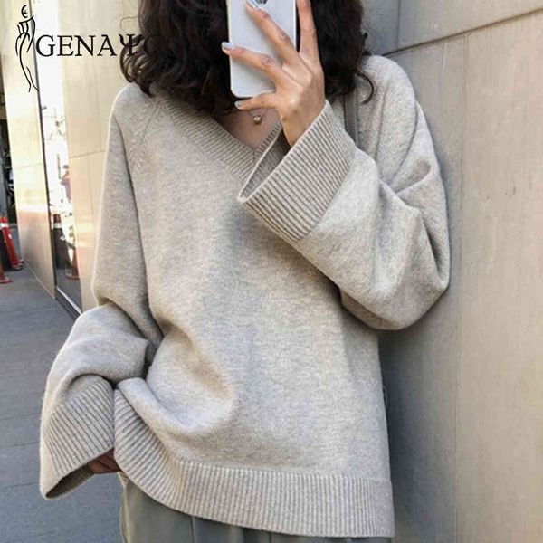 

genayooa casual cashmere winter pullover solid knit v neck long sleeve sweater women loose jumper ladies fashion 210417, White;black