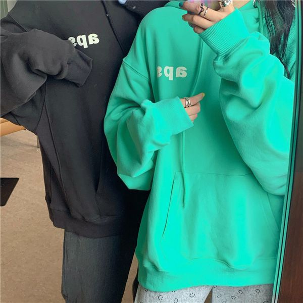 

paris girl korean couples loose casual hooded sweatershirt solid color long-sleeved pullover autumn winter hoodies women 210524, Black
