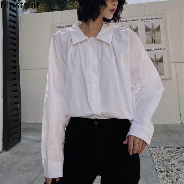 

autumn casual fashion korean women blouses shirts long sleeve turn-down collar bf style loose solid stylish blusas 210518, White