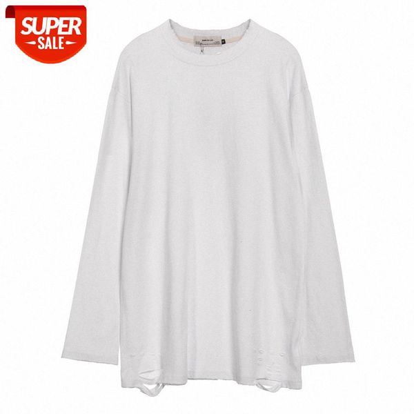 

simple style solid color hole long-sleeved t-shirt men's street flow loose round neck bottoming shirt compassionate #as8l, White;black