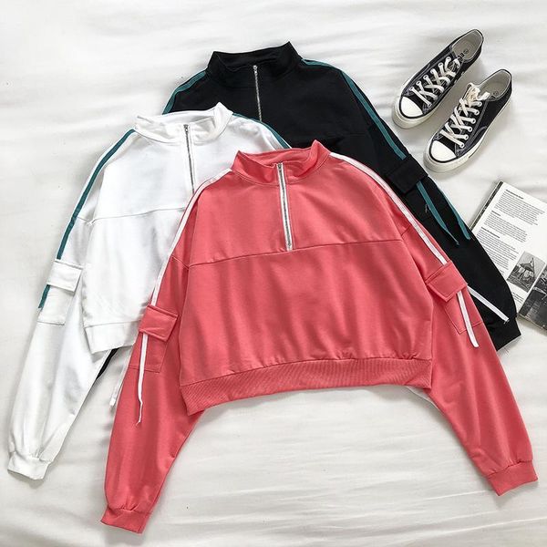 

hoodies boyfriend style harajuku sweatshirt women stand collar long sleeve patchwork zipper fly pullover female black white fashion