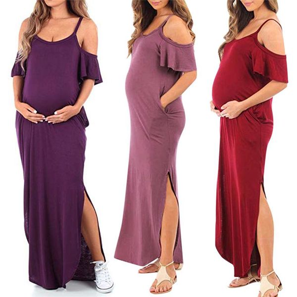 

maternity dresses 2021 summer basic round neck irregular solid long dress, White