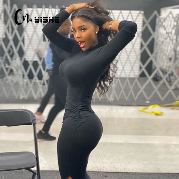 

cnyishe autumn dress women regular long sleeve casual black maxi dress fashion split bodycon womens dresses vestidos robes 210419, Black;gray