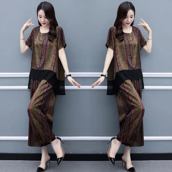 

summer fashion loose printing womens pants set short sleeve o neck high waist wide leg two piece suit, White