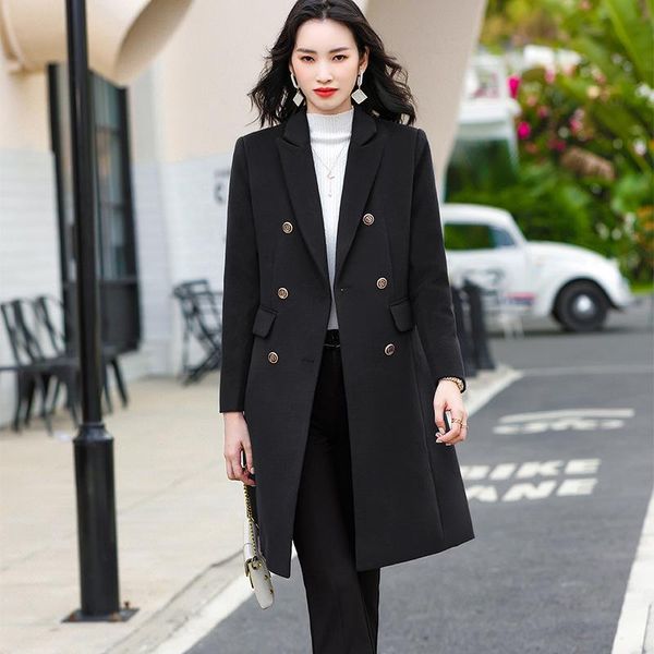 

women's wool & blends autumn and winter 2021 fashion temperament commuter professional wear korean coat medium length thickened, Black