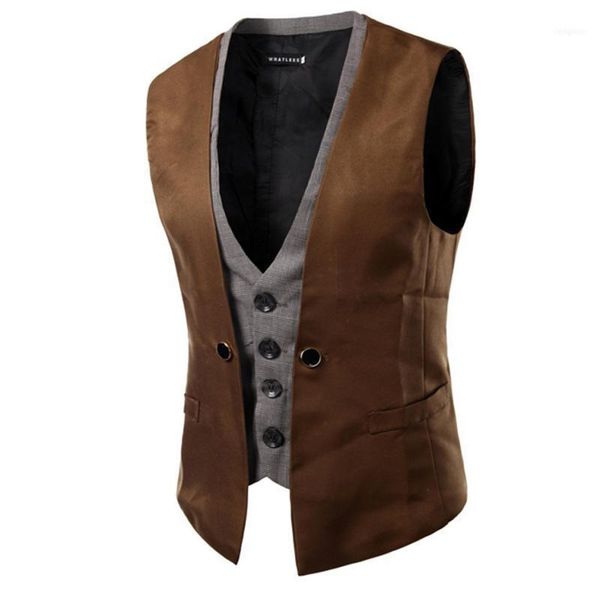

pockets decorate men's fashion suit vest men personality plaid patchwork two colors business casual vest1, Black;white
