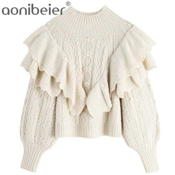 

turtleneck long sleeve ruffle sweater women vintage pullovers knitted winter sweaters loose casual knit jumper 210604, White;black