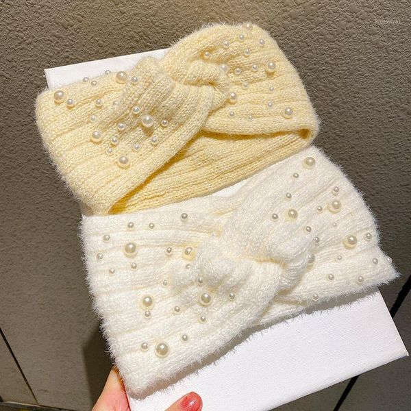 

winter pearl knitted headbands turbans for women girls wide cross twist wool hairbands ear warmers ladies hair accessories1