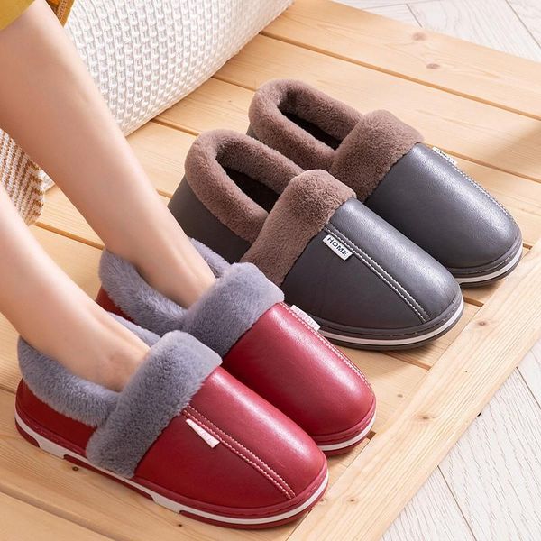 

slippers women men winter warm pu leather waterproof furry thick soled shoes home indoor cotton couples non-slip fur slides, Black