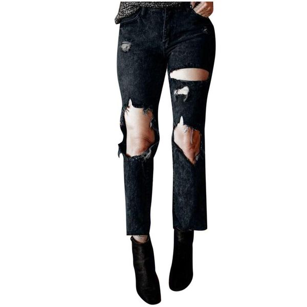 

women's jeans high waisted women ripped hole denim pants destroyed hem trousers stylish breathable straight calça feminina, Blue