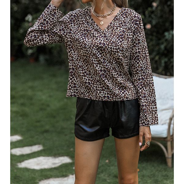 

new thin long sleeve leopard print v-neck slim-fit commute top, White