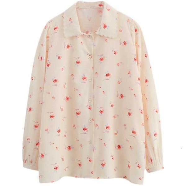 

women's knits & tees korean vintage floral printed blouse women elegant fashion long sleeve chiffon female soft girls sweet b, White