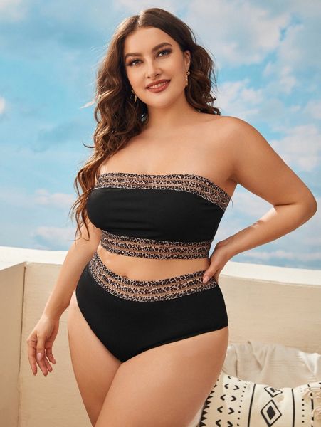 

plus leopard tape bandeau bikini swimsuit g2rm#, Black