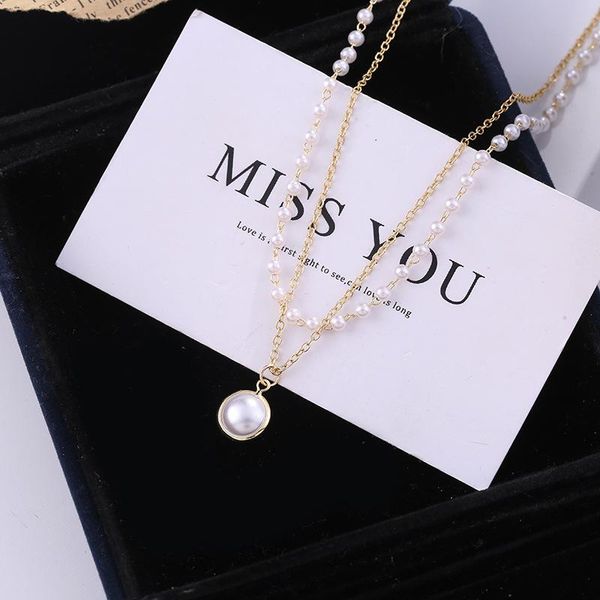 

chains korean 2021 retro double layer white pearl necklace female ins tide temperament simple choker clavicle chain, Silver