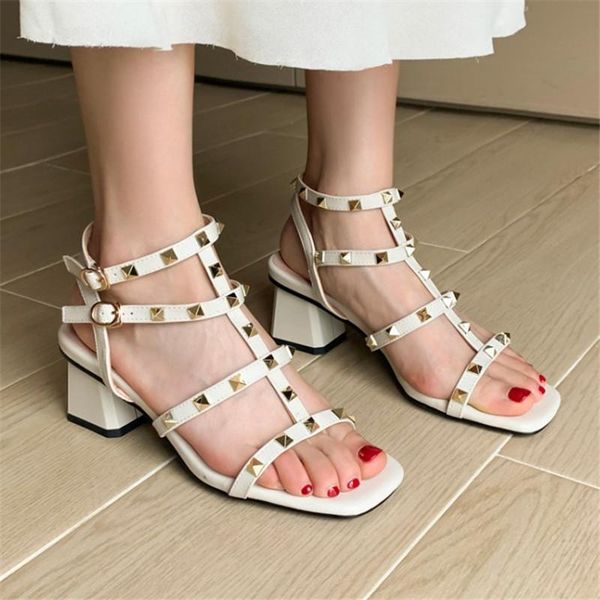 

punk women t tied rivet gladiator sandals 2021 summer est hollow out block chunky med heels office lady shoes 34-43, Black