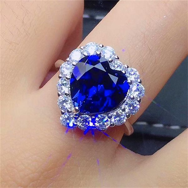 

earrings & necklace luxury female blue crystal jewelry set charm silver color wedding stud for women cute love heart chain ring