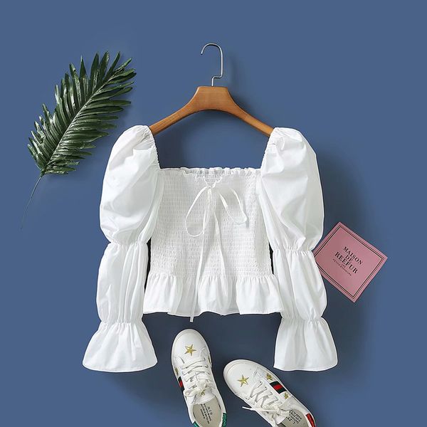 

women's blouses & shirts winter cardigan fashion simple casual lace-up decoration pull elastic puff sleeve shirt size xs-l ha5g, White