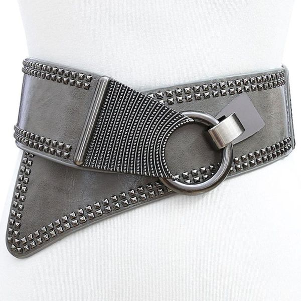 

women wide belt elastic european style buckle leather punk round rocker metal belts, Black;brown