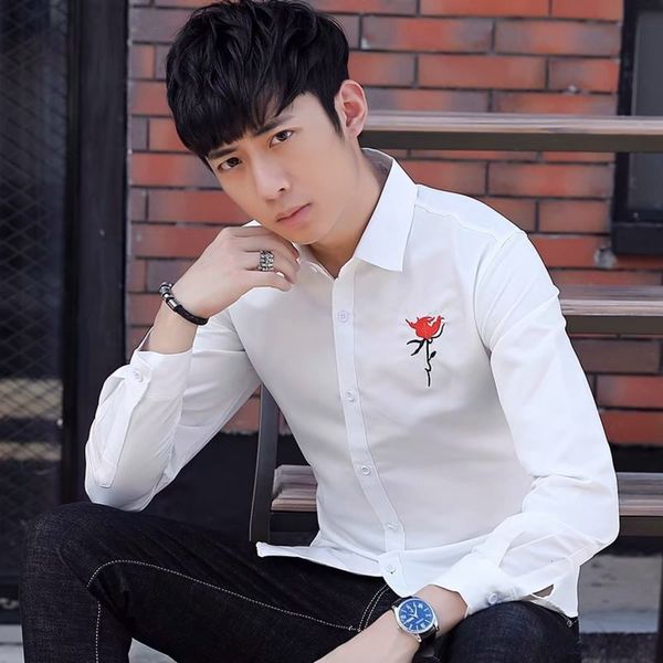 

men's casual shirts shirtspring style long sleeve handsome shirt men's slim young hairdresser rose embroidery q1ww, White;black