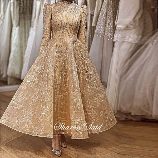 

party dresses arabic gold long sleeve muslim evening 2021 luxury dubai formal dress women elegant high neck ankle length, White;black