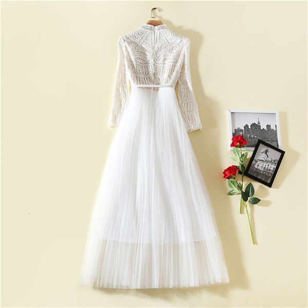 

two piece dress spring fashion designer maxi runway dress ladies long sleeve white embroidery celebrity tulle party 56s8