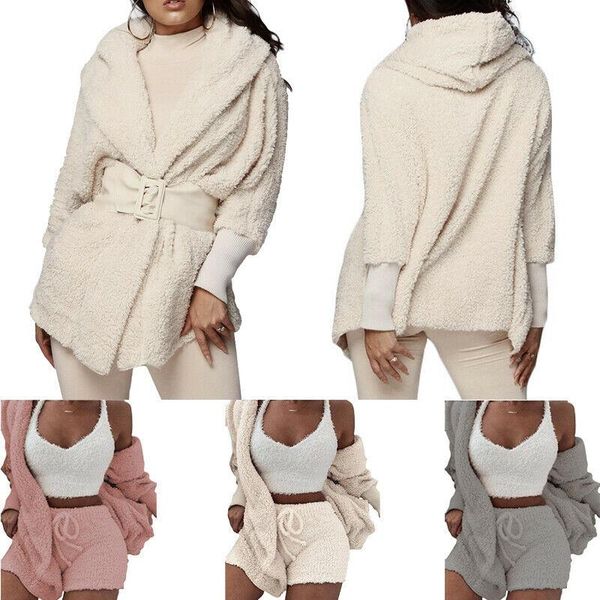 

two piece dress fashion women cardigan sweater plush hooded coat + shorts set sleepwear solid color 2pcs pants sets, White