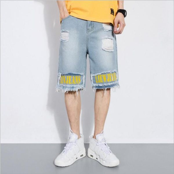 

men's shorts men light blue denim summer holes short jeans good quality straight knee length size 36, White;black