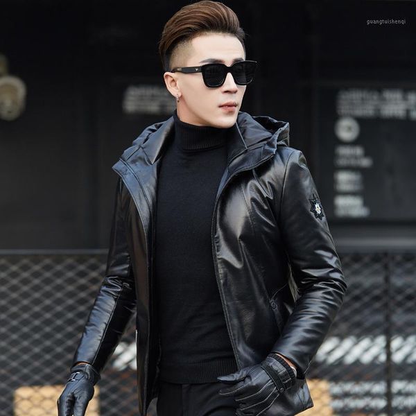 

men's leather & faux genuine jacket men winter warm jackets mens hooded real sheepskin coat duck down coats jaqueta couro xsls17612 yy4, Black