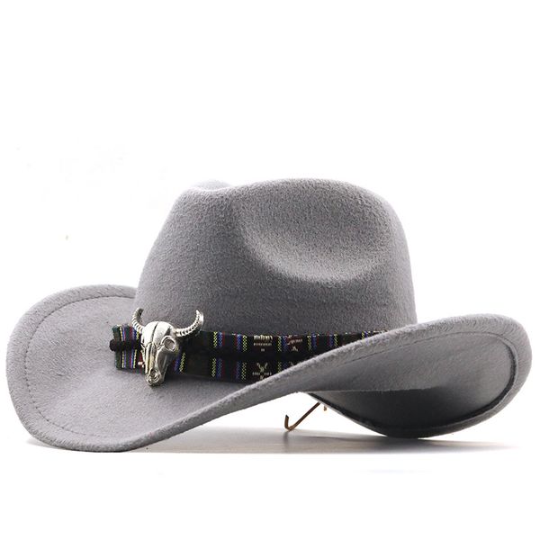 

europe us cross border western cowboy hat horn woolen jazz hats men and women ethnic style big - brimmed cap a5, Blue;gray