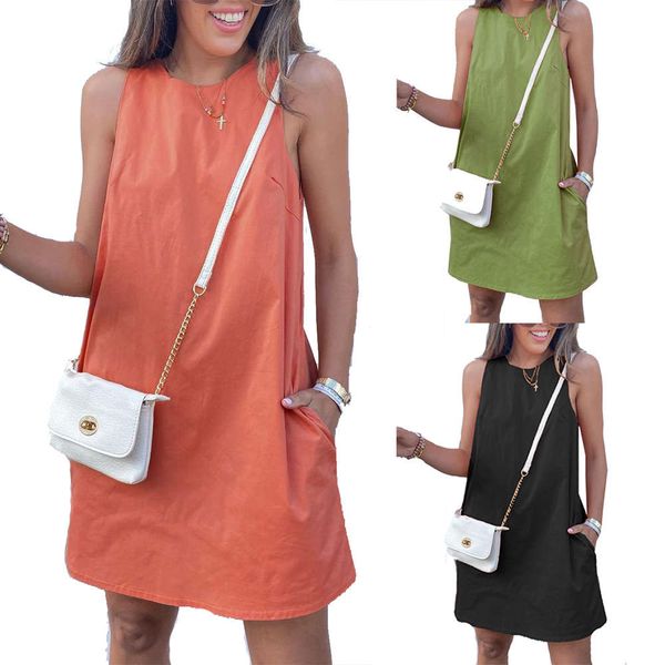 

popular autumn casual pocket round neck solid color sleeveless dress for women, Black;gray