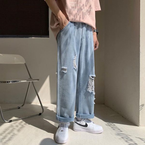 

men's jeans summer ripped korean style straight fashion casual loose streetwear retro wide-leg men, Blue
