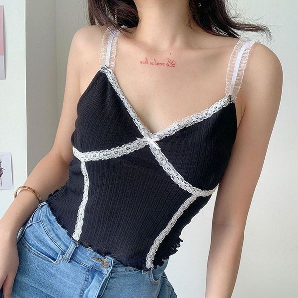 

women's tanks & camis fashion women summer lace vest sleeveless v neck slim knitted camisoles ladies casual pullover crop elastic, White
