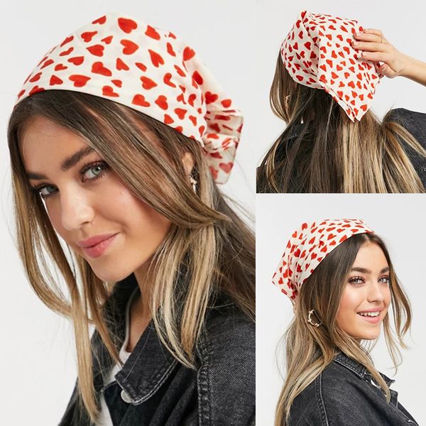

heart print hair scarf women ribbon bow square headscarf female headband hair tie bandana headwear hair accessories, Blue;gray
