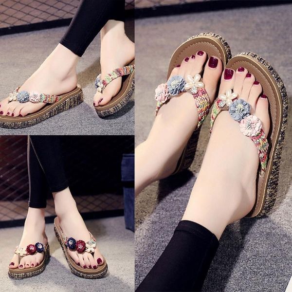 

slippers women platform flip flops beach shoes summer sandals non-slip flip-flops women's slope with flower outer wear, Black