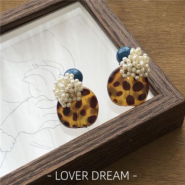 

stud fashion retro earrings female geometric pearl leopard colorful beads s925 tide, Golden;silver