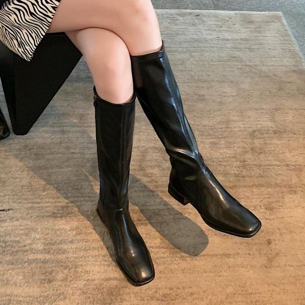 

boots brand women med heels square toe black brown shoes woman knee autumn winter size 34-39