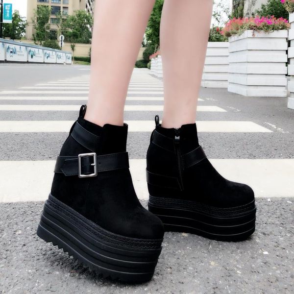 

boots 13 cm suede muffin bottom increased within wedges short waterproof platform super high heel women's ankle, Black