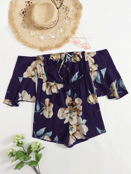

plus floral print ruffle trim bardot romper f0pp#, Black
