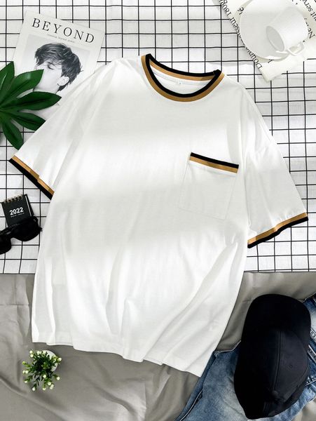 

men striped trim tee s1rb#, White;black