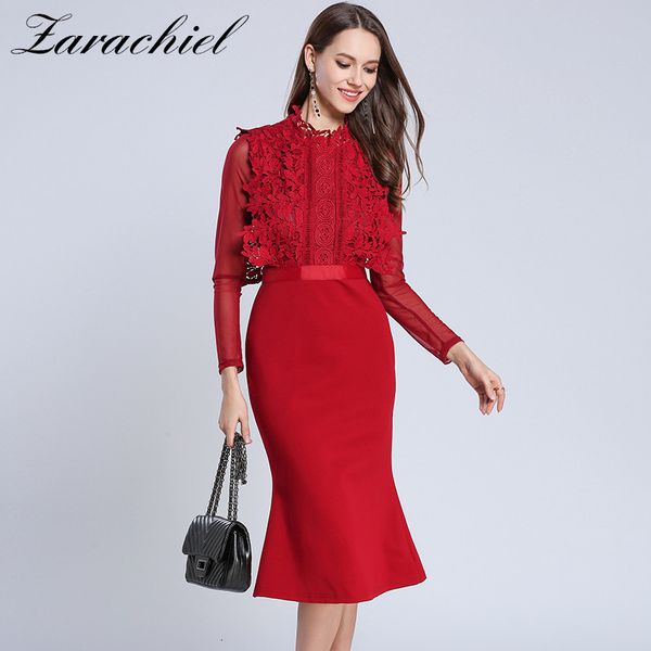 

dresses women spring lace red water-soluble flower mesh casual patchwork plus sizes long sleeve mermaid vestidos, Black;gray