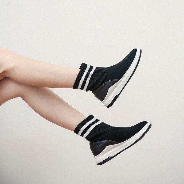 

2019 new women sock boots round toe elastic high slip on platform ankle boots winter woman keep warm and comfortable maziao y6hz#, Black