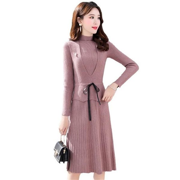 

women's sweaters fashion 2021 autumn winter women long sweater dress pullovers warm knitted pullover dresses lady with belt, White;black