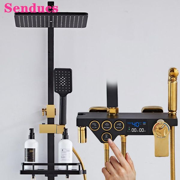 

thermostatic bathroom shower set senducs solid brass mixer tap abs rainfall head black gold digital sets